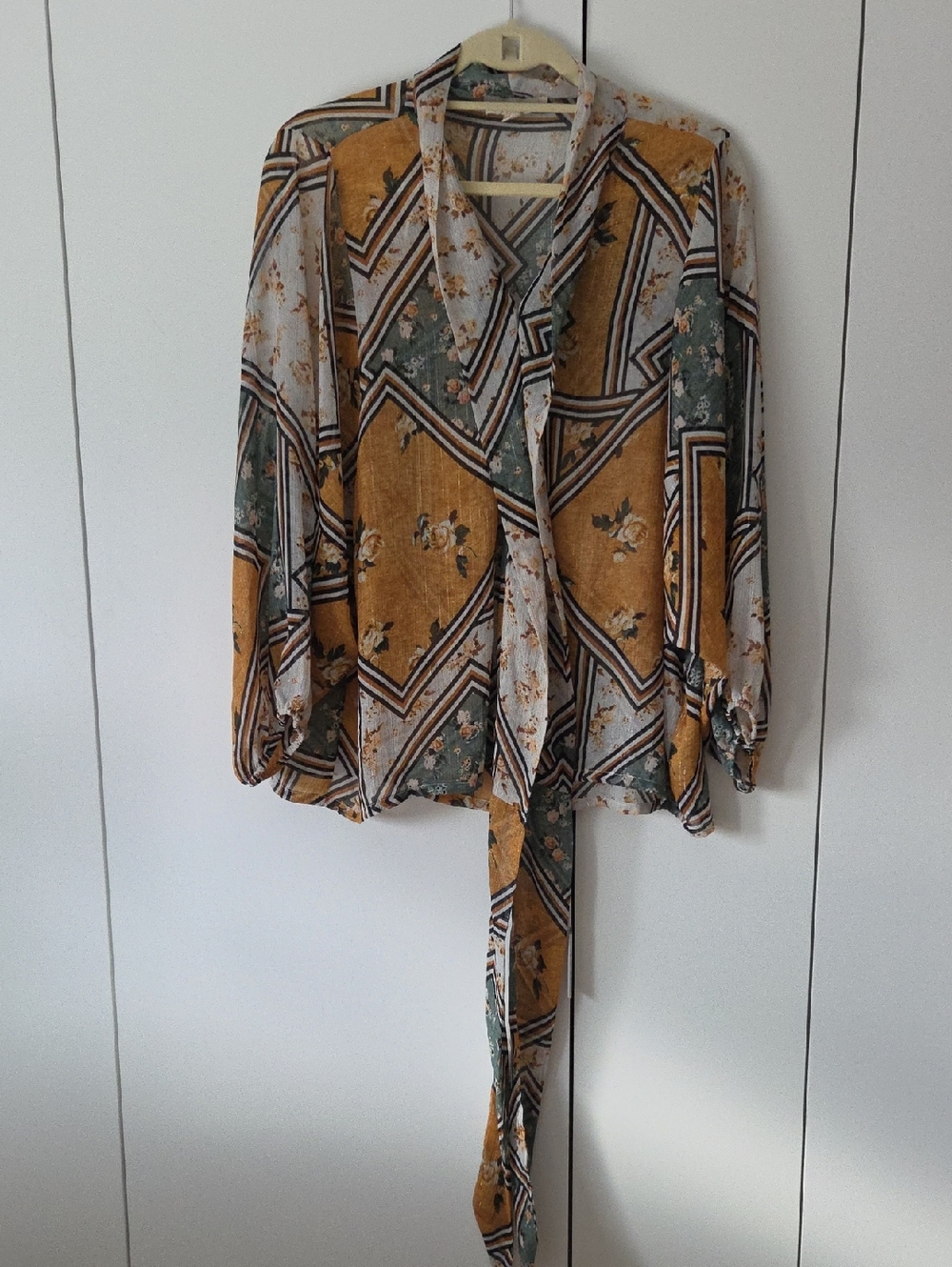lovestitch Multi-Panel Tie-Neck Blouse in Mustard, Green, and Cream